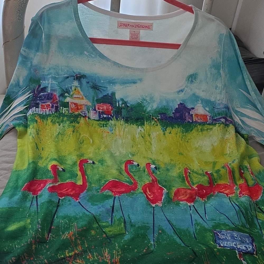 DesignerWomen's Long Sleeve Flamingo Print Tee in Blue, Green & Red